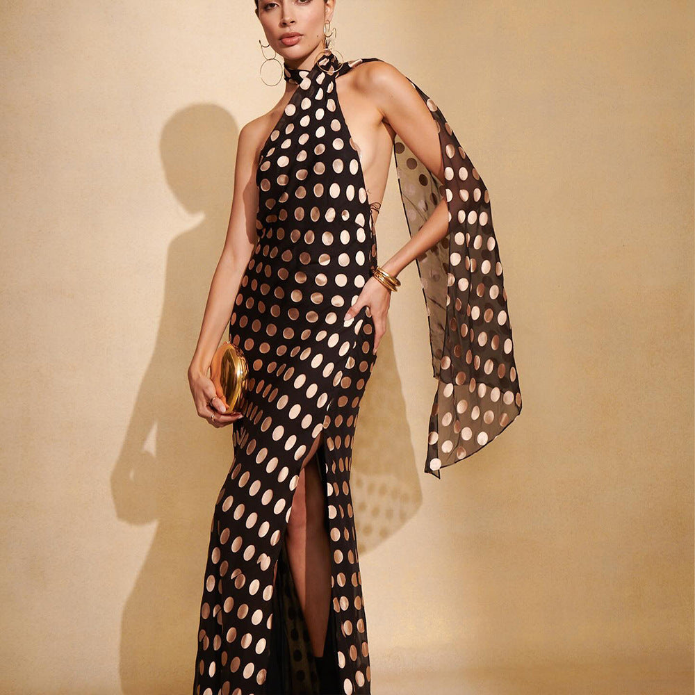 Polka Dot Long Dress - Slim Fit Backless Halter Neckline