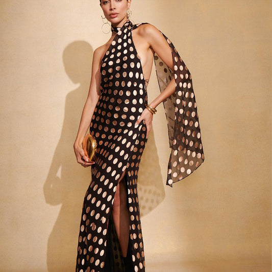 Polka Dot Long Dress - Slim Fit Backless Halter Neckline