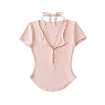 Slim fit V-neck lace short sleeved T-shirt