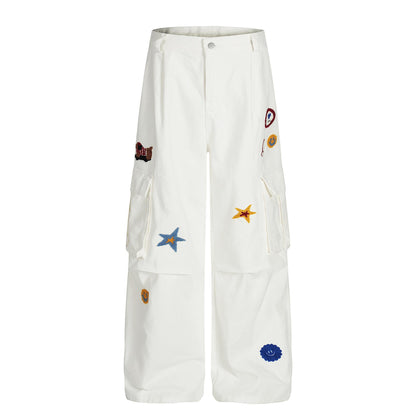 Large pocket embroidered workwear casual pants