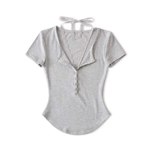 Slim fit V-neck lace short sleeved T-shirt