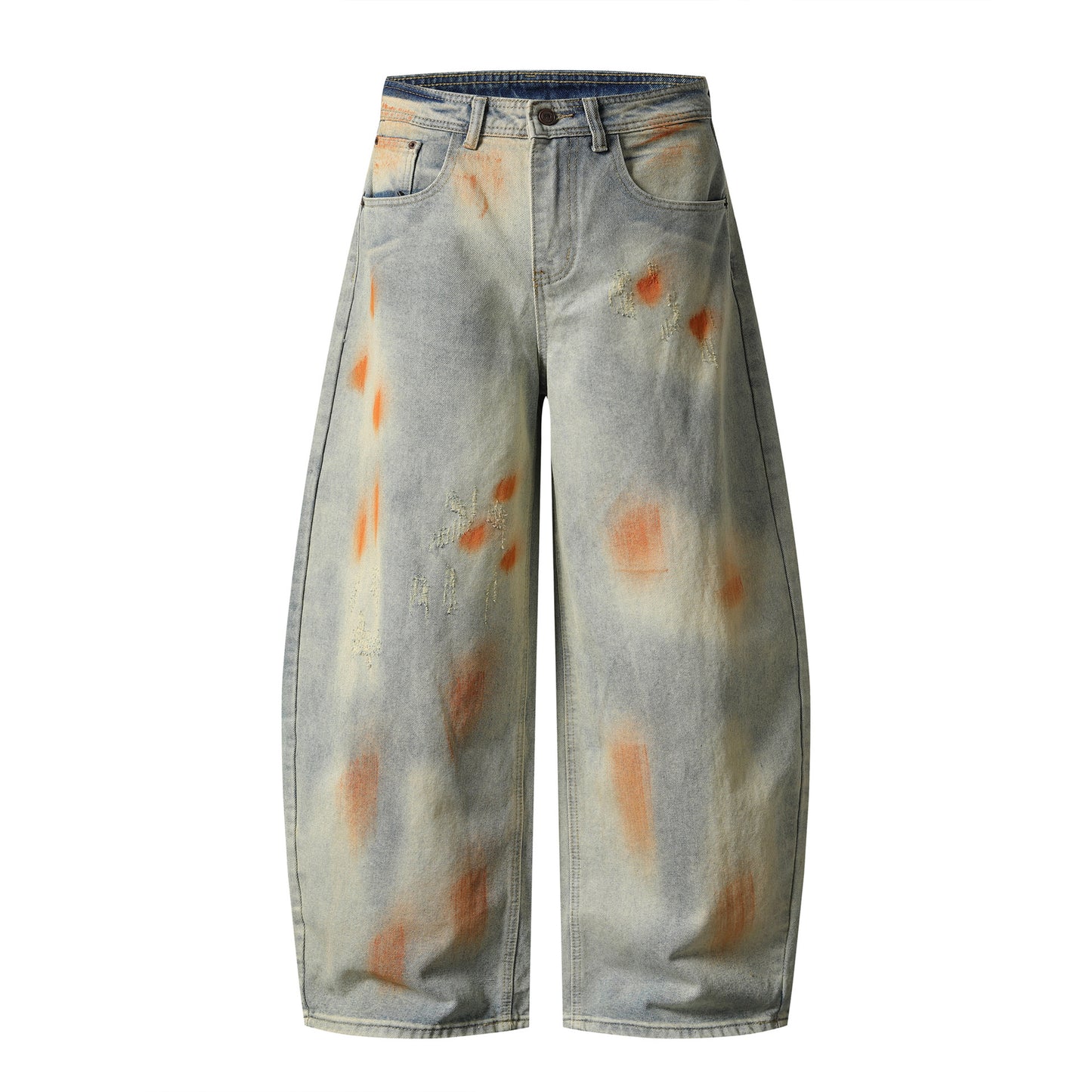 Retro Washed Distressed Unique Design Flared Denim Pants Unisex Loose Wide Leg Casual Long Trousers