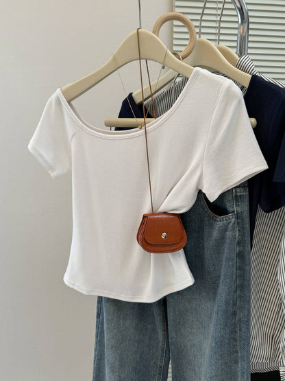 Style Solid Color Off-the-Shoulder Short Sleeve T-Shirt for Women, Slim Fit Short Length Half-Sleeve Top
