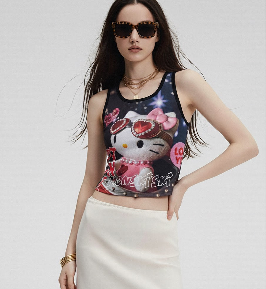 Kitty Cat Full Print Elastic Tank Top Women Slim Spicy Girl Undershirt Sleeveless Outerwear