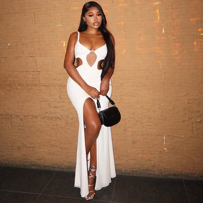Women's Pure Color Hollow Out Bodycon Dress Strapless Slit Long Pleated Dress
