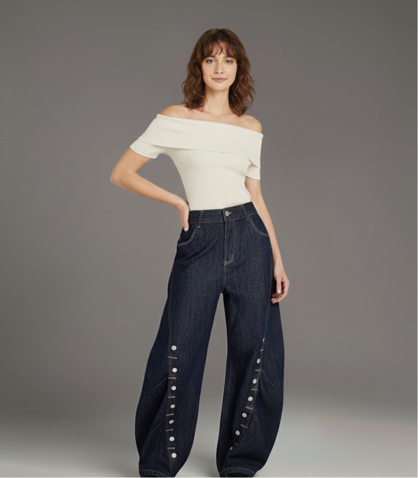 High Street  Pleated Button Decorated Flared Denim Pants Unisex Loose Wide Leg Straight Long Trousers