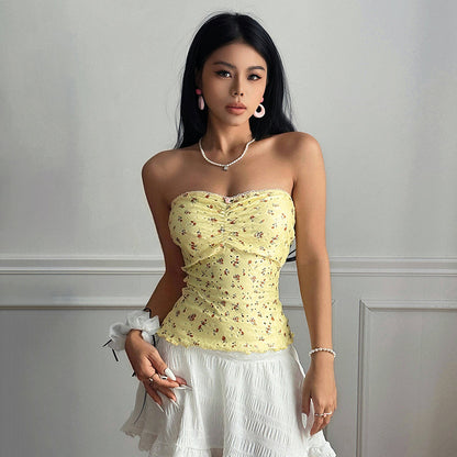 Floral hot girl strapless slim fit bottom vest top