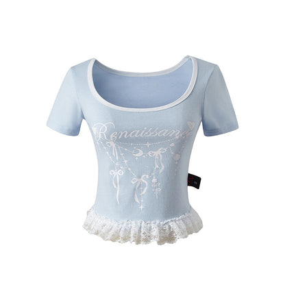 Splicing Square Neck Short Sleeve T-Shirt Women Summer Slim Fit Shoulder Short Top