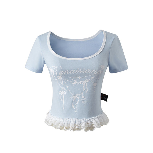 Splicing Square Neck Short Sleeve T-Shirt Women Summer Slim Fit Shoulder Short Top