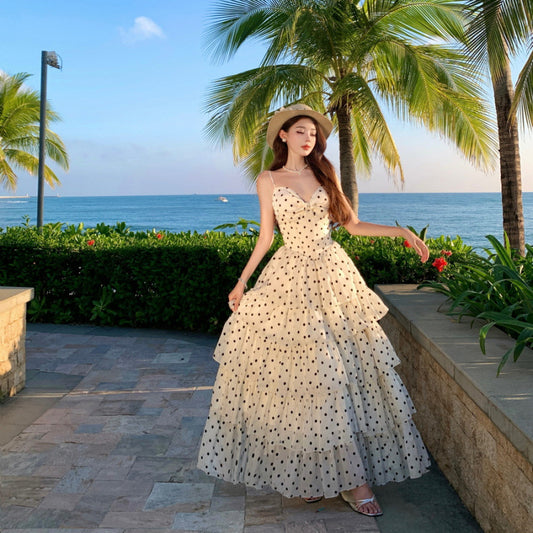 French Vacation Gentle Polka Dot Waist-Cinching Slimming Fashion Strapless Dress