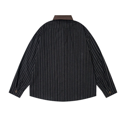 Color Block Design Collar Stripe Long Sleeve Shirt Men's Loose Casual Trendy Couple Shirt