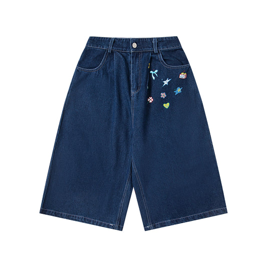 Casual Washed Fun Print Seven-Quarter Denim Pants Men Loose Fit Mid-Length Trousers