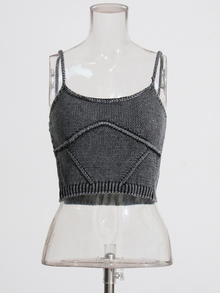 Streetwear Denim Two Piece Set Womens Square Collar Sleeveless Tanks O Neck Long Sleeve Tops Knitting Female Sets