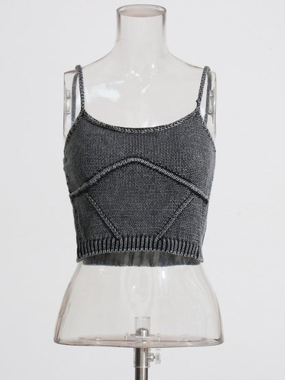 Streetwear Denim Two Piece Set Womens Square Collar Sleeveless Tanks O Neck Long Sleeve Tops Knitting Female Sets