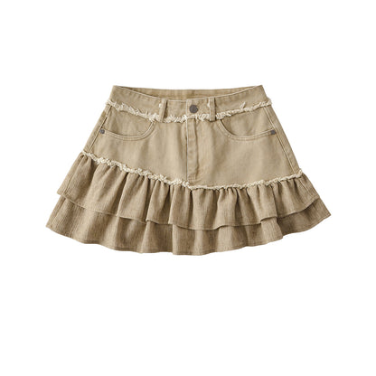 High Waist Washed Raw Hem Denim Spliced Skirt with Lining A-Line Mini Skirt