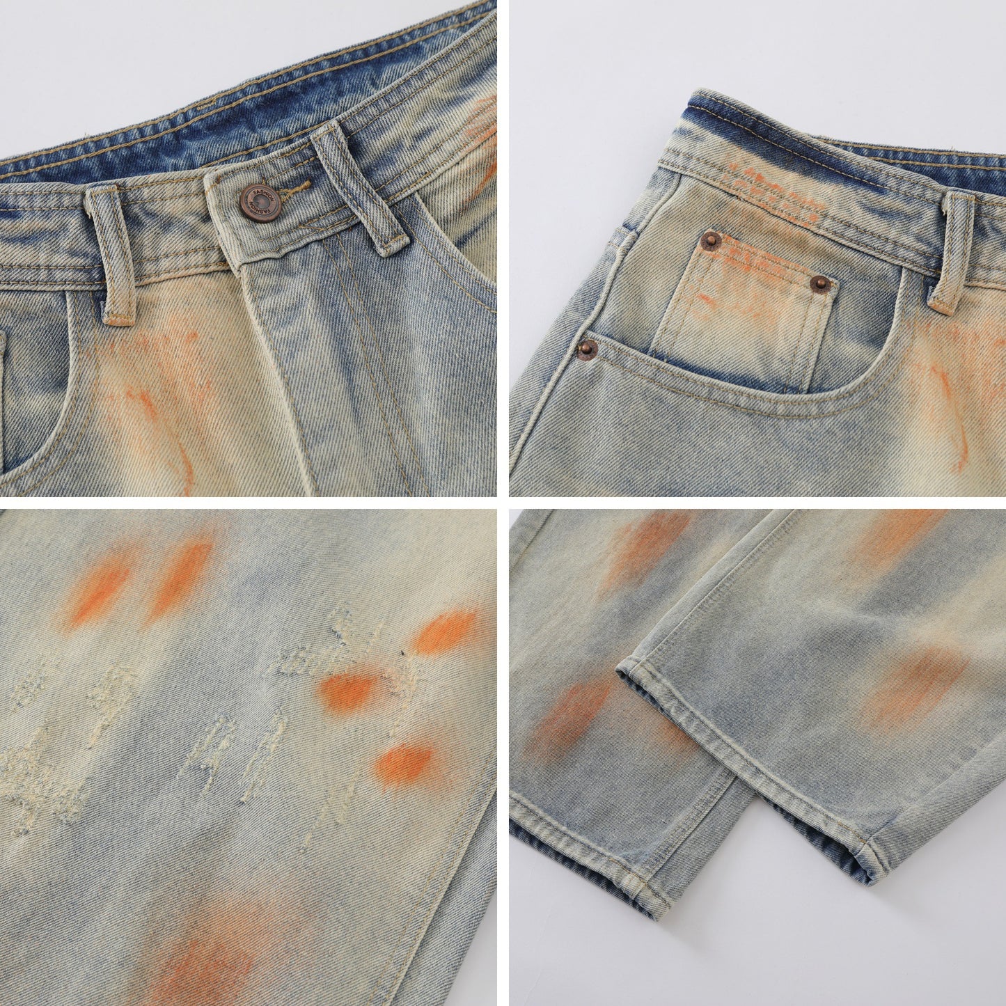 Retro Washed Distressed Unique Design Flared Denim Pants Unisex Loose Wide Leg Casual Long Trousers