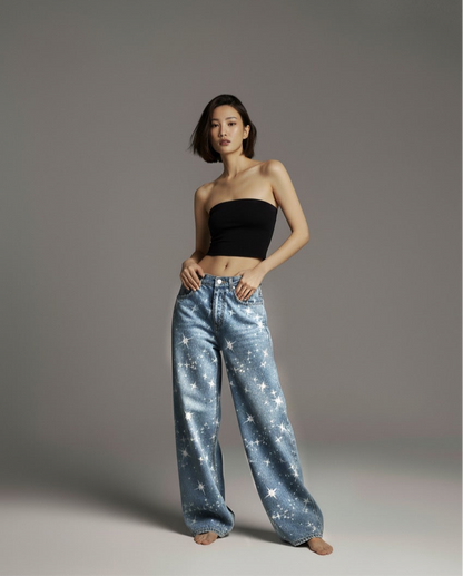 Washed Rhinestone Star Print Jeans