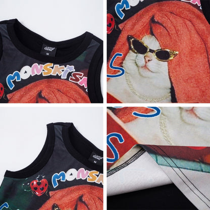 Cartoon Cat Print Tank Top Women Summer Slim Fit Versatile BF Style Undershirt Sleeveless Outerwear