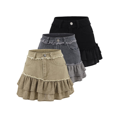 High Waist Washed Raw Hem Denim Spliced Skirt with Lining A-Line Mini Skirt