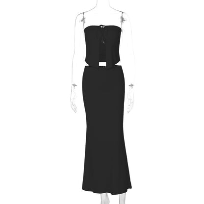 Sexy Spliced Halter Crop Top and Slim Elegant Pencil Long Skirt Set