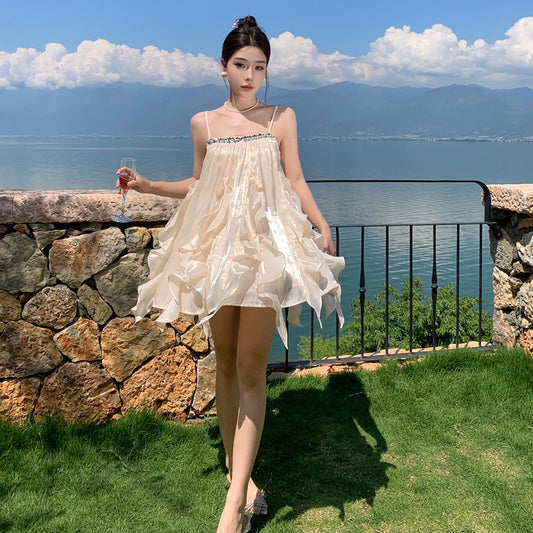 French Satin Sweet Dress Women's Princess Outing Summer Beautiful Strapless Mini Dress