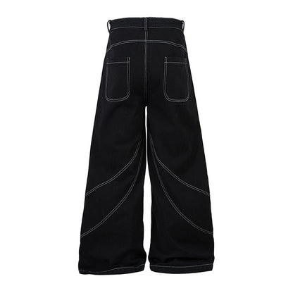 Wide Leg Long Pants Thorns Embroidery Loose Floor-Length Denim Pants Unisex Trendy