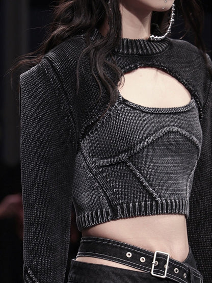 Streetwear Denim Two Piece Set Womens Square Collar Sleeveless Tanks O Neck Long Sleeve Tops Knitting Female Sets