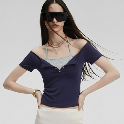 Fake Two-Piece Halter Tie Slim Fit Short Sleeve Top for Women