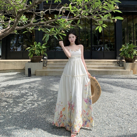 Sweet Style Three-Dimensional Flower Strapless Dress Women's Summer Temperament Print Waist-Slimming A-Line Dress