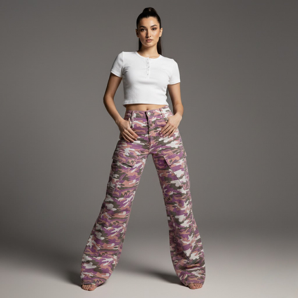 High Street  Style Color Block Multi-Pocket Camouflage Denim Work Pants Unisex Loose Wide Leg Straight Leg Long Pants