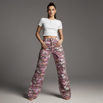 High Street  Style Color Block Multi-Pocket Camouflage Denim Work Pants Unisex Loose Wide Leg Straight Leg Long Pants
