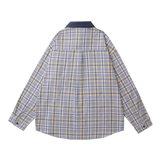 Cartoon Embroidery Splicing Color Block Plaid Long Sleeve Shirt Unisex Loose Couple Blouse Jacket