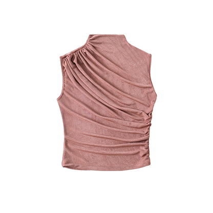 Pleated Fitted High Neck Crop Tank Top