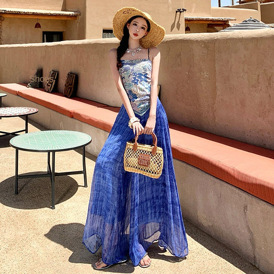 Beach Vacation Style Blue Printed Off-Shoulder Strap Top and Tie-Dye Wide-Leg Pants Two-Piece Set for Women Summer Outfit