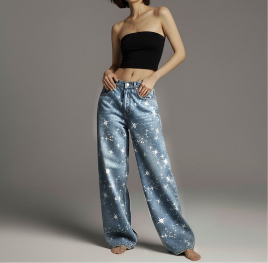 Washed Rhinestone Star Print Jeans