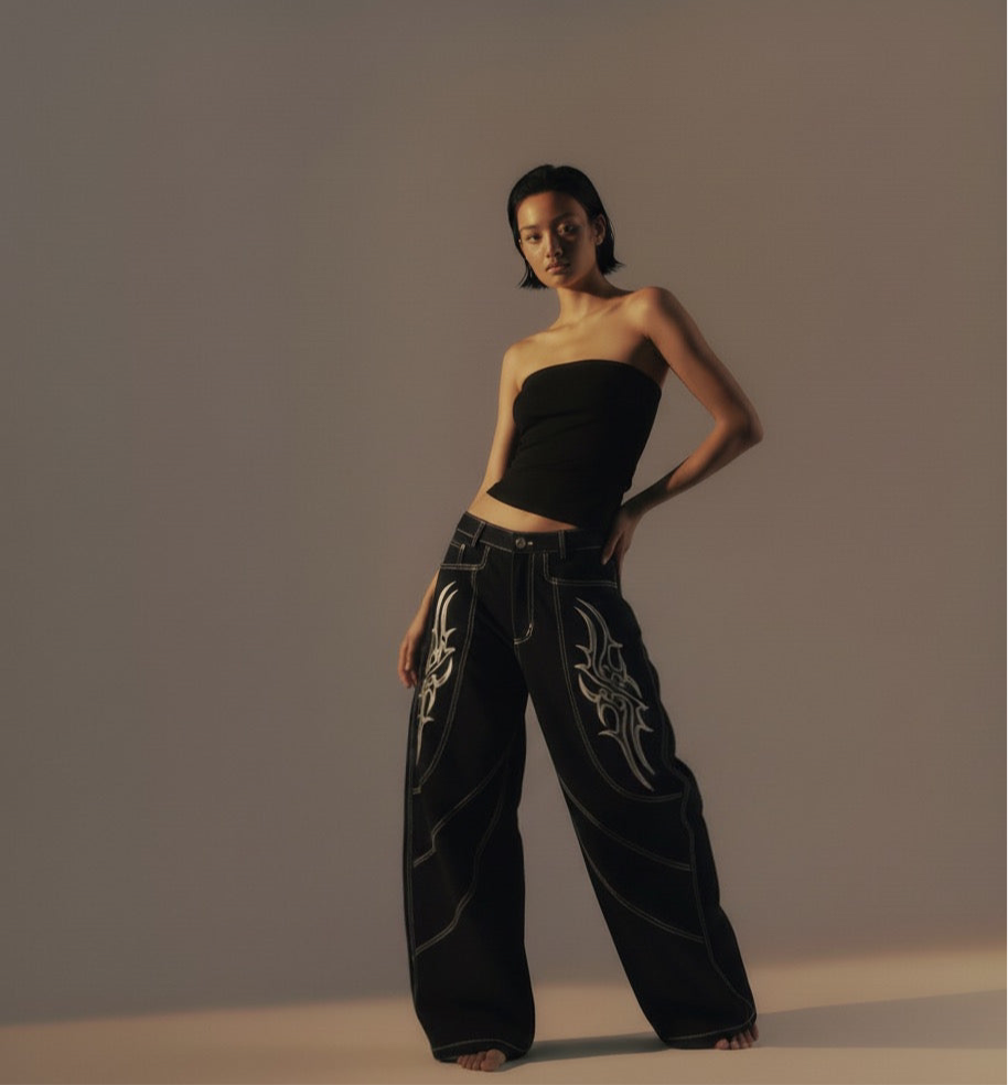 Wide Leg Long Pants Thorns Embroidery Loose Floor-Length Denim Pants Unisex Trendy