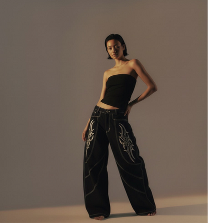 Wide Leg Long Pants Thorns Embroidery Loose Floor-Length Denim Pants Unisex Trendy