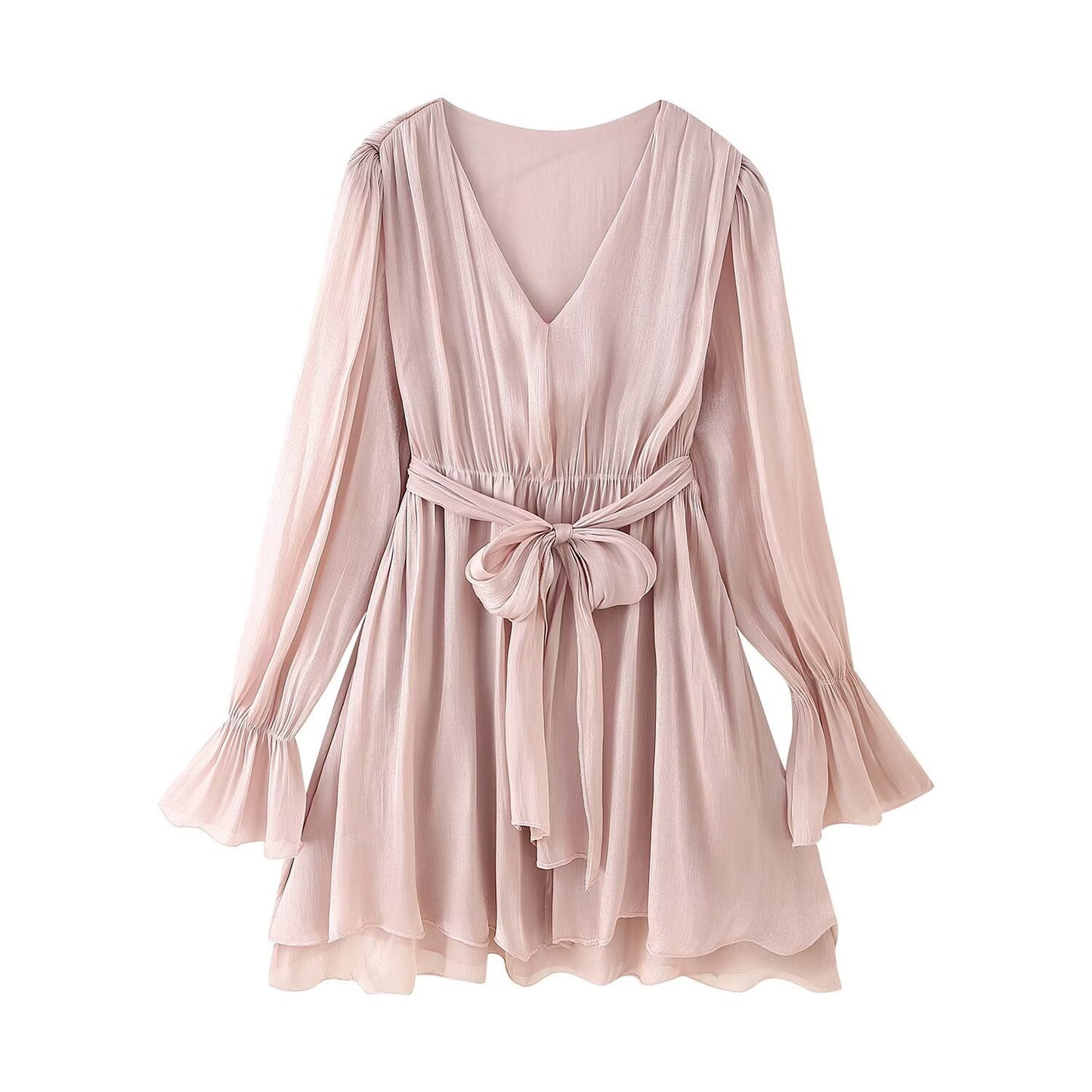 Women's V-neck Flare Sleeve Waist-tied Belted Dress