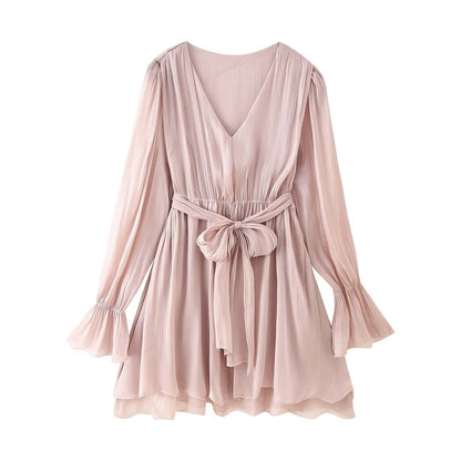 Women's V-neck Flare Sleeve Waist-tied Belted Dress