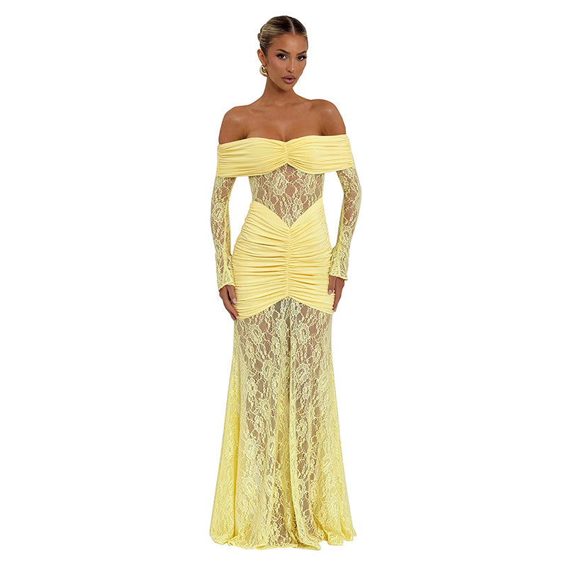 Women's Summer Lace Splicing One-Shoulder Slit Long Sleeve Dress