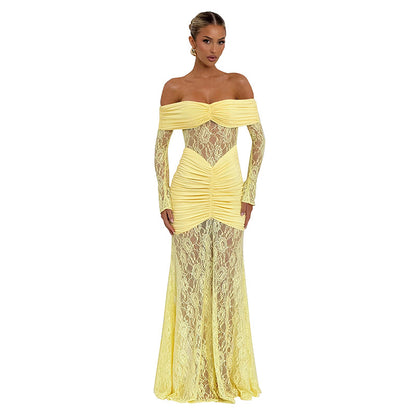 Women's Summer Lace Splicing One-Shoulder Slit Long Sleeve Dress