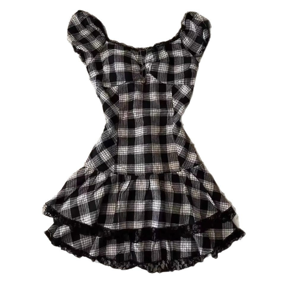Short Sleeve Lace Retro Fashion Slim Waist-Cinching Versatile Plaid Dress