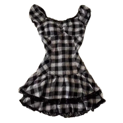 Short Sleeve Lace Retro Fashion Slim Waist-Cinching Versatile Plaid Dress