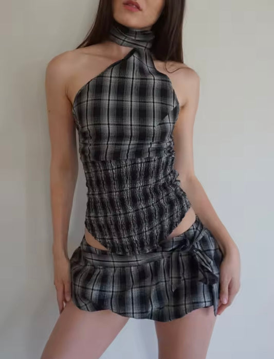 Women's Clothing INS Halter Plaid Top + Skirt Set