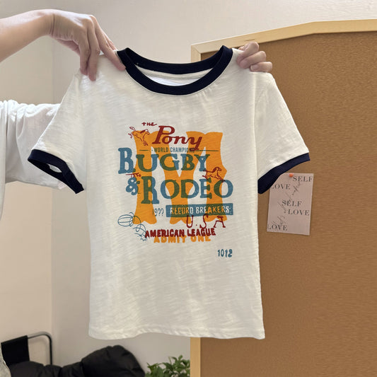 Color Block Letter Print Short Sleeve T-Shirt Women Summer New Slim Korean Style Slub Cotton Top