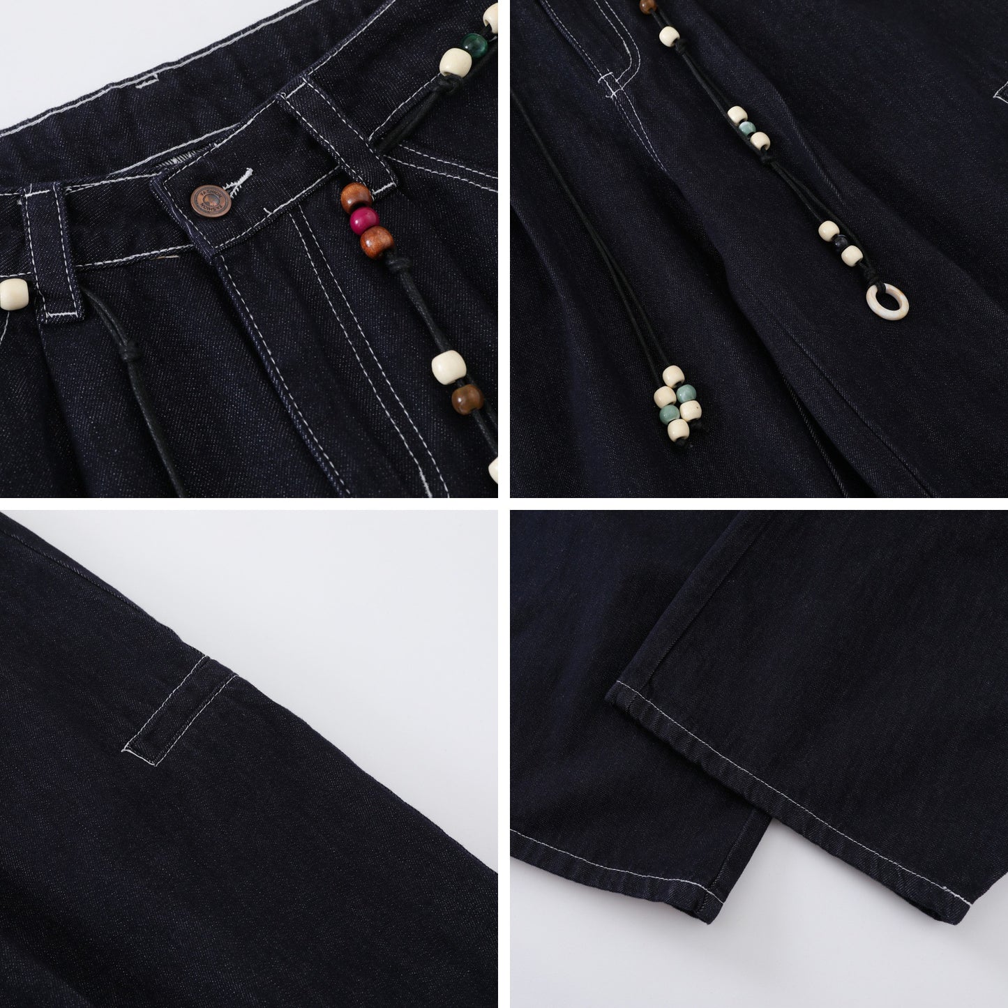 Retro Unique Design Beaded Waist Cord Flared Denim Pants Unisex Loose Slimming Versatile Wide Leg Long Trousers