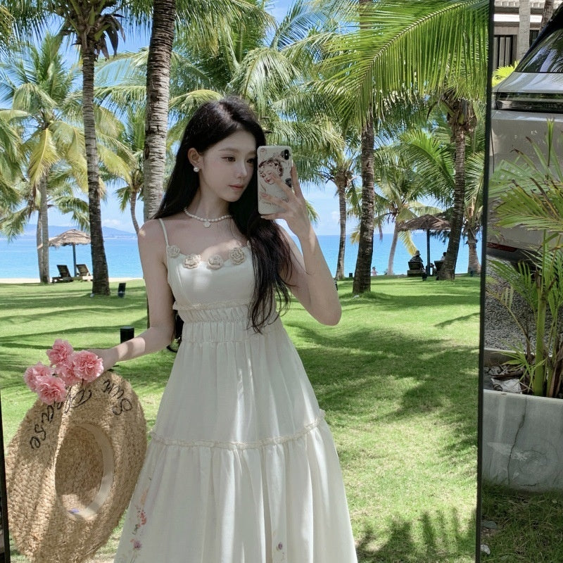 Sweet Style Three-Dimensional Flower Strapless Dress Women's Summer Temperament Print Waist-Slimming A-Line Dress