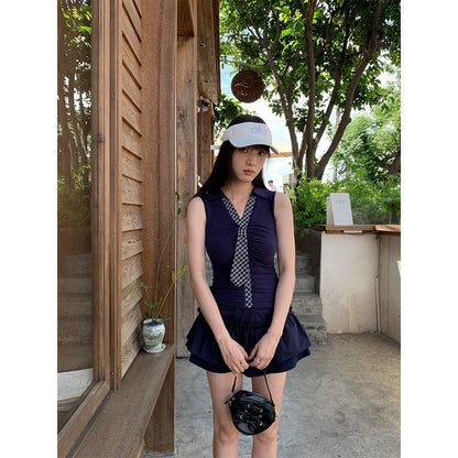 Plaid Collar Tie V-neck Vest + Unique Personalized Pleated Skirt Women