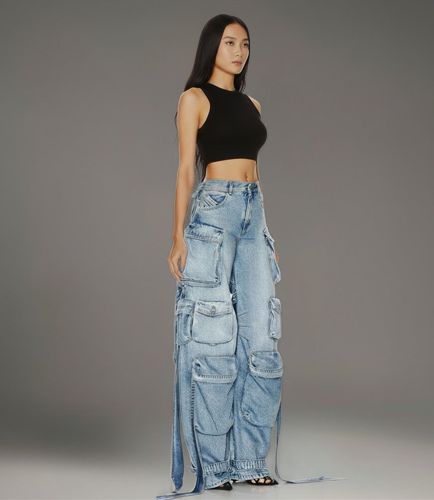Heavy industry multi pocket denim pants with decorative straps and split back work pants