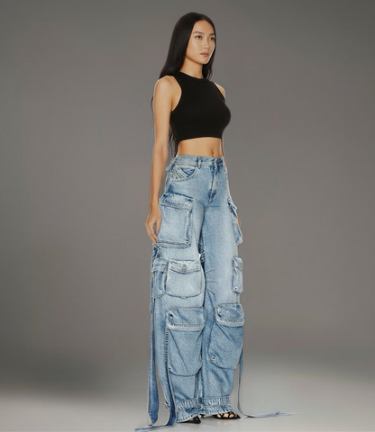 Heavy industry multi pocket denim pants with decorative straps and split back work pants